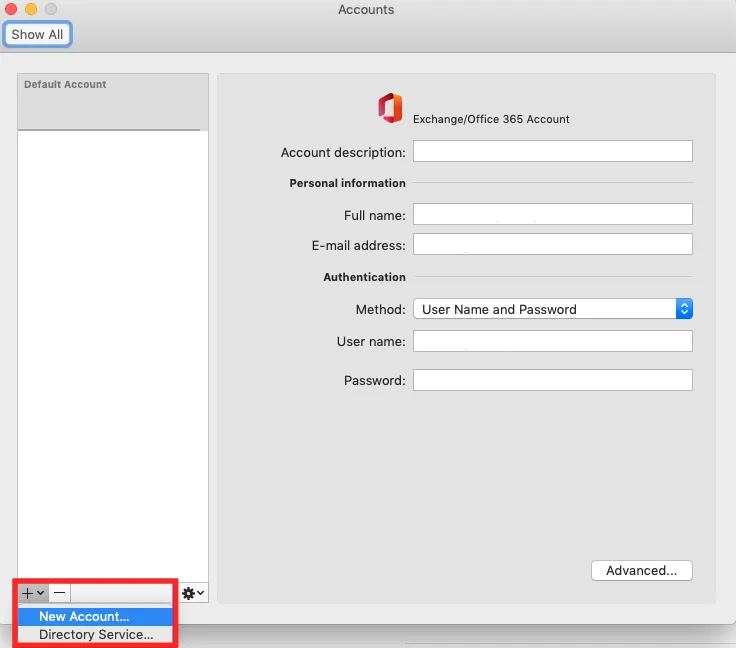 Select + and select New account